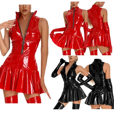 UK Womens Latex Leather Zipper Bodycon Dress Sexy Wet Look Shiny Skirt Clubwear • £22.09