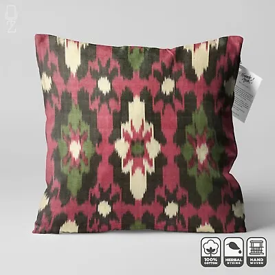Ikat Handwoven Cotton Pillow Cover 50x50 Cm From Burgundy & Green Cushion Cover • £26.40