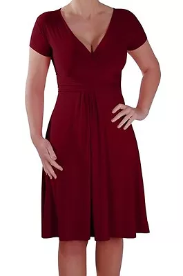 Womens V Neck Short Sleeve Knee Length Casual Party Plain Flared Ladies Dress • £19.95