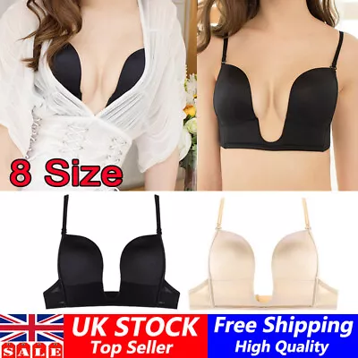 Womens Deep U Plunge Bra Push Up Seamless V Shape Low Cut Bras Backless Lingerie • £11.85