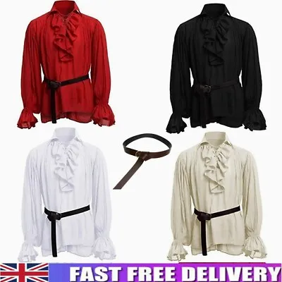 Retro Men Gothic Shirt Top Victorian Medieval Ruffle Pirate Puff Sleeve BandageS • £8.99