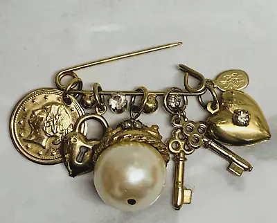 VTG  Kirks Folly Safety Pin Gold Dangle Charm Brooch Heart Keys Lock Rhinestone • $23.99