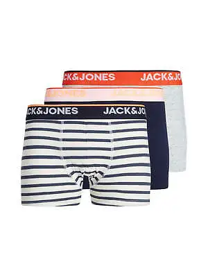 Jack & Jones Jacdave Trunks 3 Pack Cotton Stretch Boxers - Navy/Grey/Stripes • £19.99