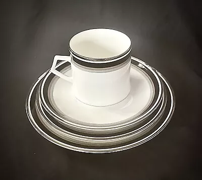 Mikasa NOIR 4 Pc Set Cup Saucer Plates White W/Gray Tan Black Platinum Bands New • $24