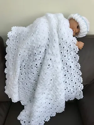 Smaller Hand Crochet White Fantail  BABY SHAWL/BLANKET - Approx 31” • £18.99