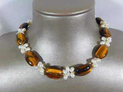 Vtg  Chunky  Natural Tigers Eye & Fw Pear Cluster 17  Toggle Necklace • $24.94