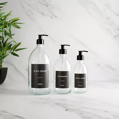 £7.99 • Buy Clear Glass Labelled Refillable Bottle With Black Plastic Pump Dispenser