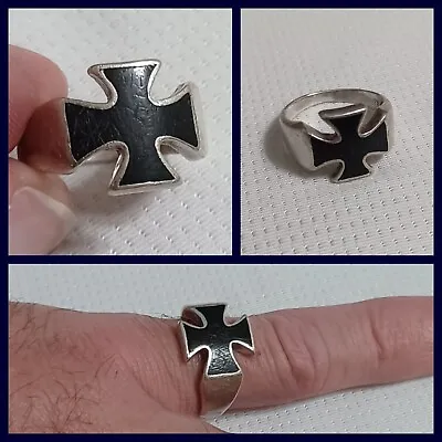 Vintage Sterling Silver & Black Enamel Iron Cross Maltese Biker Ring Size 7.5 • $17.49