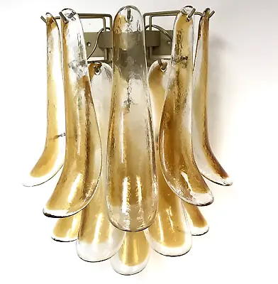 Mazzega Murano Glass Amber Feather 2-Light Shoehorn 10-Petal Glass Wall Sconce • $599.99