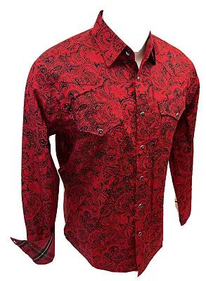 $39.96 • Buy Mens RODEO WESTERN RED BLACK PAISLEY Long Sleeve Woven SNAP UP Shirt Cowboy 153