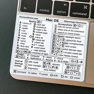 SYNERLOGIC Mac OS Cheat Shortcuts VINYL STICKER For MacBook Pro/Air/iMac Silver • $3.75