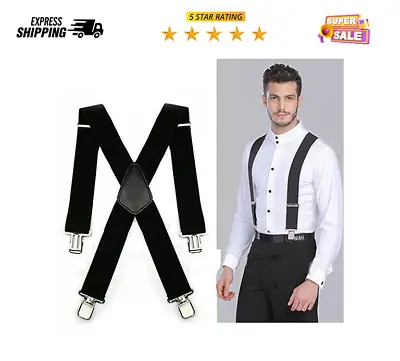 Mens Braces Suspenders Black 35mm X Back Heavy Duty Biker Snowboard Trousers • $6.99