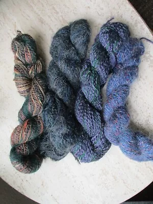 4 Hanks Of Mixed Blues Greens  Purples Mohair And Wool Blends 7+ Ounces • $14