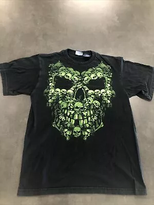 Vintage 90s Streetwear Green Skull Mosaic Men’s T Shirt Black Size Medium • $25