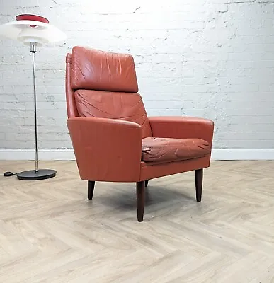 Mid Century Armchair In Red Leather Danish Chair Vintage Retro • £400.50