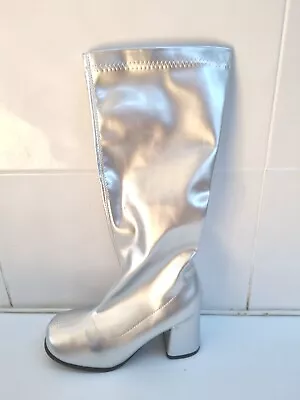 Go Go Boots Fancy Dress Party Retro Patent Shiny Silver Platform 1960 1970 UK 4. • £19.95