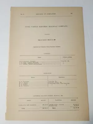 1909 Document COAL CASTLE ELECTRIC RAILWAY Trolley Streetcar Near POTTSVILLE PA • £6.71