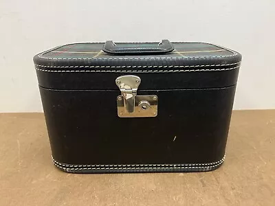 Vintage Black Hard Shell Train Case Cosmetics Mirror Luggage Purse Bag PLAID 60s • $29.99