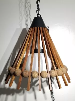 Vintage MCM Mid Century Modern Danish Teak Slat Cork Ball Teepee Pendant Light • $622.99