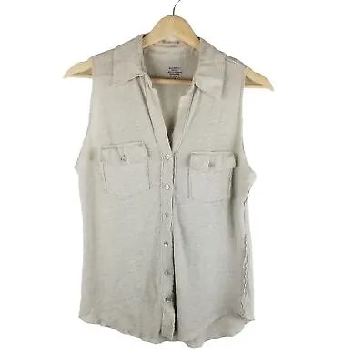 Majestic Paris Shirt Small Linen Silk Button Up Distressed Lightweight Oatmeal • $31.99