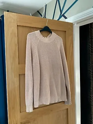 H&M PINKY-BEIGE Cable Knit Cotton Jumper With Back Zip Size L = 16  Ex-condition • £9.99