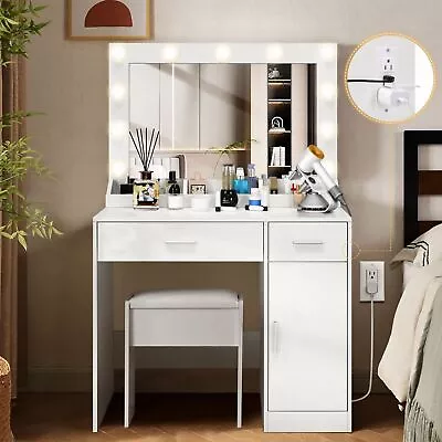 Vanity Desk With Lighted Mirror&Power Outlet White Makeup Vanity Desk W/Drawer • $168.99