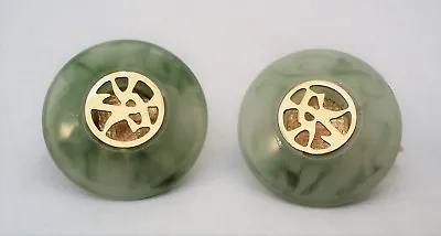 ASIAN Faux Jade Big LUCITE Button EARRINGS With Inset Chinese Characters Vintage • $14.96