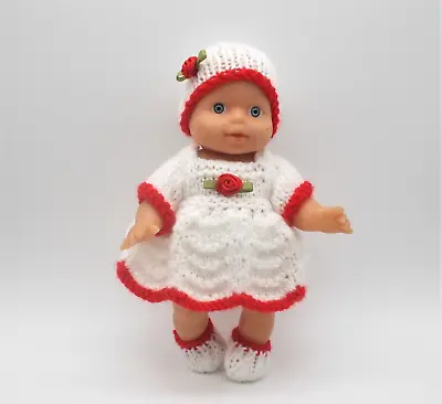 £6.95 • Buy Hand Knitted 6½  To 7  White & Red 4 Piece Set For Berenguer & Baby Type Dolls