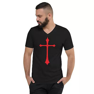 Red Gothic Medeival Holy Cross Unisex Short Sleeve V-Neck T-Shirt • $27.67