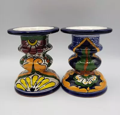 CANDLE HOLDER Set Of 2 Lead Free Signed Hand Painted Mexico Beautiful • $9.87