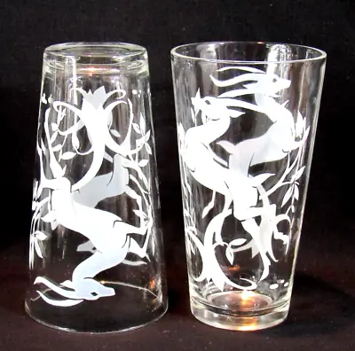 MCM WHITE Gazelle Deer Antelope Drinking Glasses Set 8 Hazel Atlas Vintage 50s • $42