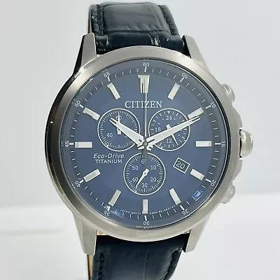 Citizen Men's Eco-Drive Titanium Chronograph Blue Dial Leather Watch AT2340-56L • $200