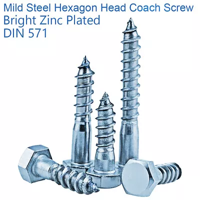 M12 X 120mm COACH SCREWS HEX HEAD WOOD SCREWS BRIGHT ZINC PLATED - DIN 571 • £2.89