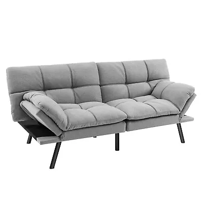 Convertible Futon Sofa Bed Memory Foam Couch Sleeper W/ Adjustable Armrest Grey • $329.99