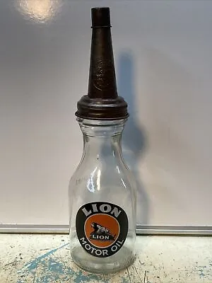 LION Motor Oil Bottle Spout Cap Glass 1 Quart Vintage Style Gas Station • $19.99