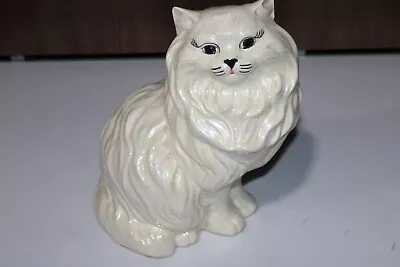 Vintage Ceramic Cat Blue Eyes White Opalescent Sitting Statue Large 14'' • $89.99