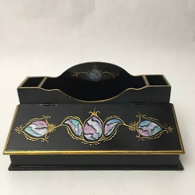 Beautiful Vintage Black Lacquer Hand Painted Wood Desk Organizer • $22.95