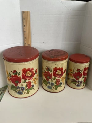 $17.99 • Buy Vintage Parmeco Metal 3 Piece Red White Canister Set Tin Litho Poppy Flower Vgc!