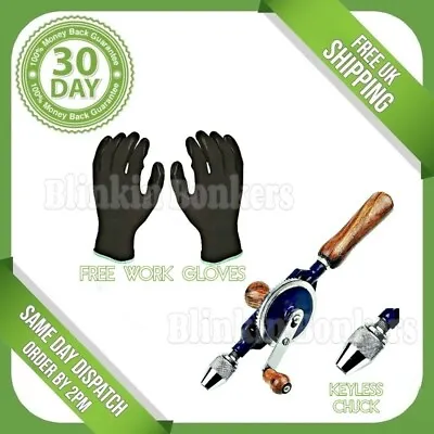 Manual Hand Held Drill Double Pinion Crank Wooden Handle Keyless Chuck Drilling • £8.69