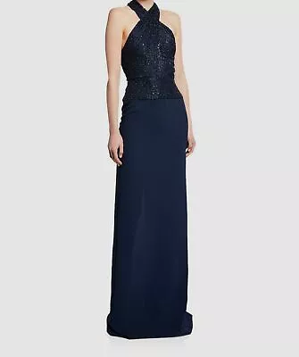 $5495 Naeem Khan Women's Blue Halter Crisscross Bead Bodice Gown Dress Size 12 • $1758.78