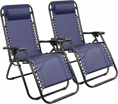 Set Of 2 Dark Blue Patio Zero Gravity Reclining Chairs With Pillow Poolside Law • $97.84