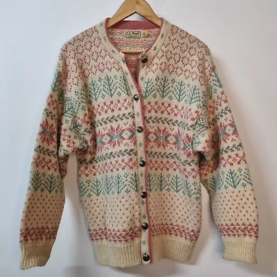 Vtg LL Bean Cardigan Sweater Wool Pink Nordic Ski Grannycore Cottagecore Sz L • $39.90