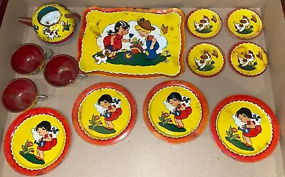 Vtg Tin Toy Tea Set Cups Saucers Tray Ohio Art Little Girl Puppy Dog Litho 13 Pc • $27.99