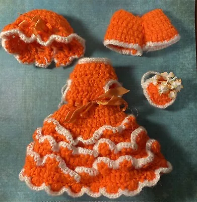 Vintage Crochet Doll Outfit - Orange / White Dress Bloomers Hat Purse • $14.38