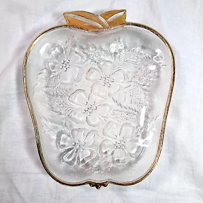 Hazel-Atlas Mid-Century Modern Clear Glass Apple Plate 22K Gold Trim 1950s MCM • $25