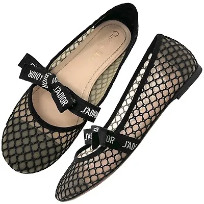 Dior Miss Dior Logo Ribbon Mary Jane Black Resille Leather Mesh Ballet Flats • $699