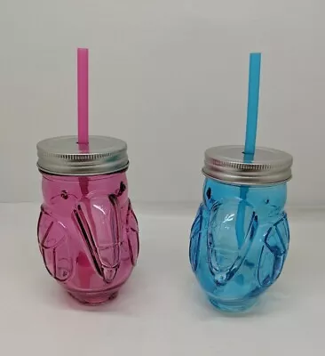 Toucan Shaped Mason Jar Drinking Glass Cup With Straw Set Of 2 Hot Pink & Blue • $11.96
