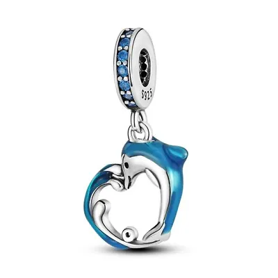 925 Sterling Silver Blue Dolphin Fish Love Heart Pendant Charm • £9.80