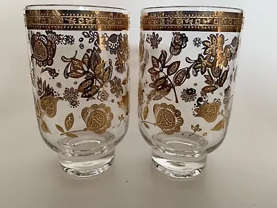 Vintage MCM Culver Chantilly Gold Footed Drinking Cocktail Bar Glass - Set Of 2 • $29.95