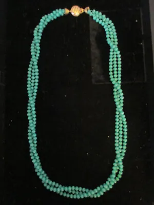 Vintage Signed Ciner Jade Peking Green Glass Bead 3 Strand 25  Long Necklace! • $165